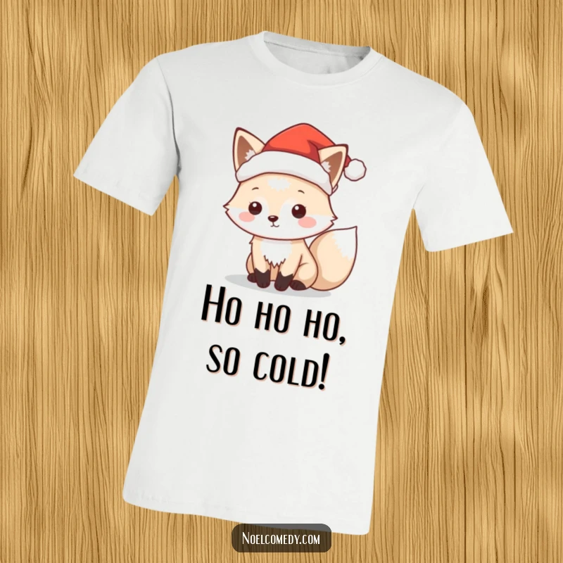 Funny t-shirt showcasing a playful arctic fox character adorned with a tiny Santa hat, perfect for holiday fun.