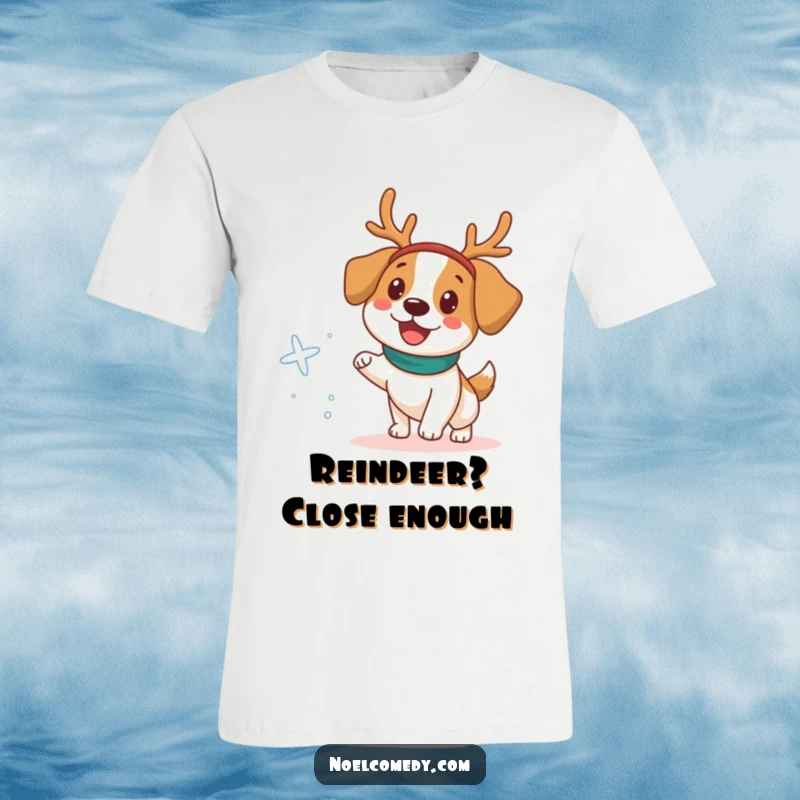 Funny T-Shirt depicting a happy dog in a reindeer headband, playfully pursuing a scattered snowflake.