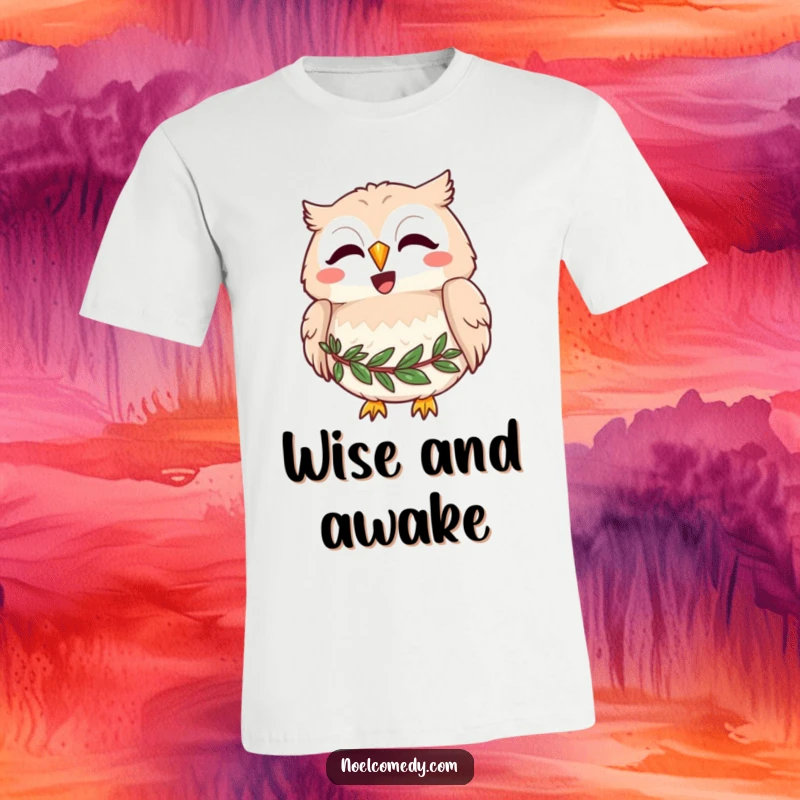 Funny t-shirt featuring a joyful owl wearing a wreath around its neck, hooting merrily, perfect for nature lovers.