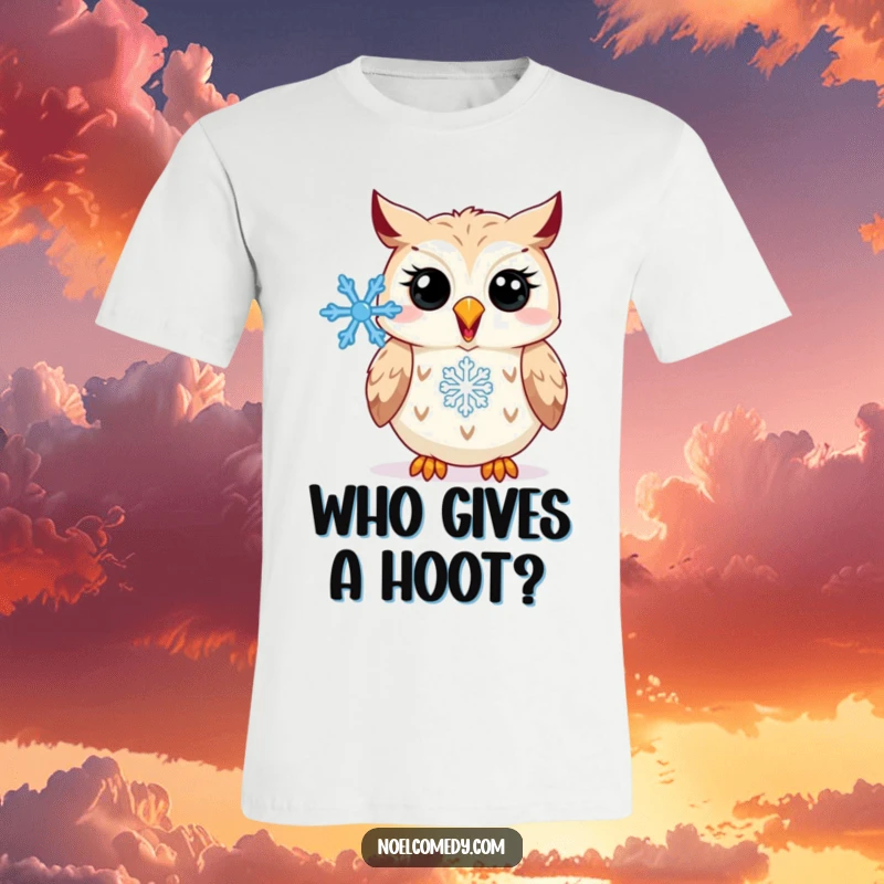 Funny T-Shirt: A happy owl hooting with a snowflake, bringing winter cheer and humorous wisdom.