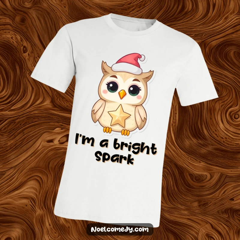 Funny t-shirt of a delighted owl in a festive hat holding a shimmering star, perfect for holidays.