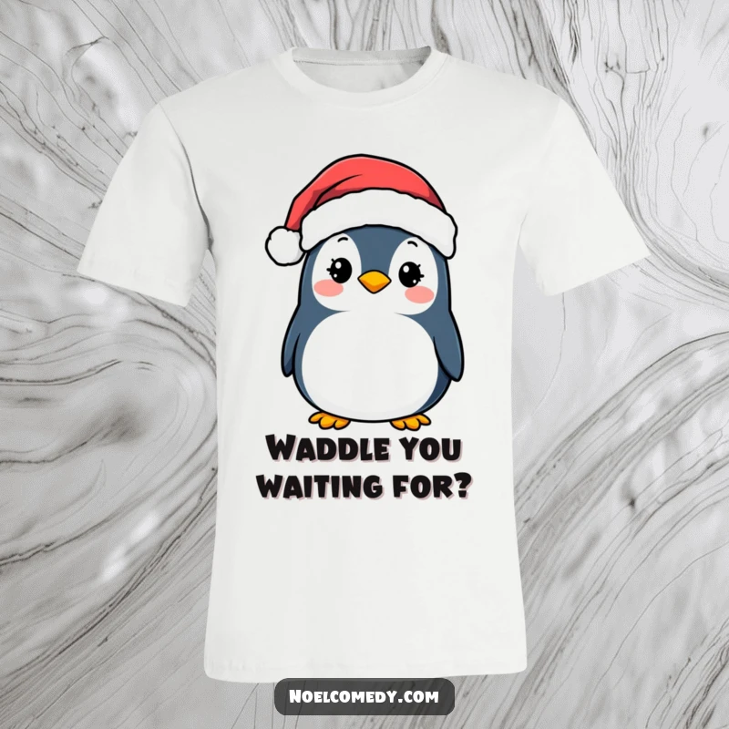 Funny T-Shirt: A cheerful penguin sporting a Santa hat, spreading holiday joy with a big, happy smile.