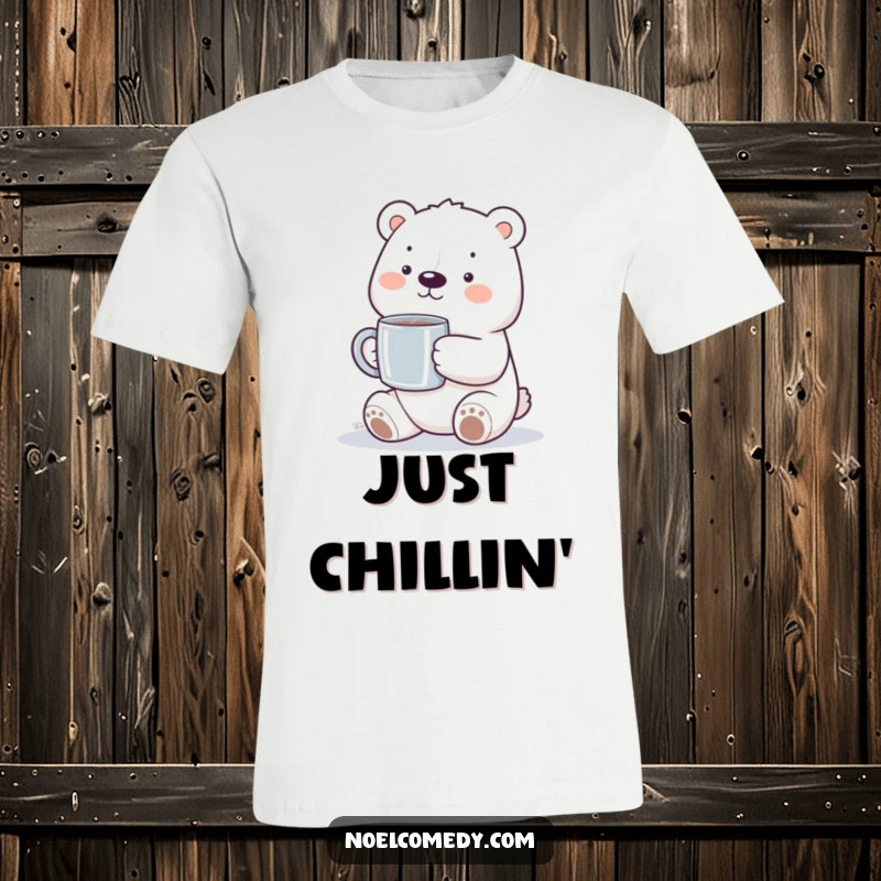 Funny polar bear t-shirt with a smiling bear holding a steaming mug, ideal for expressing cozy comfort and a love for warm drinks.
