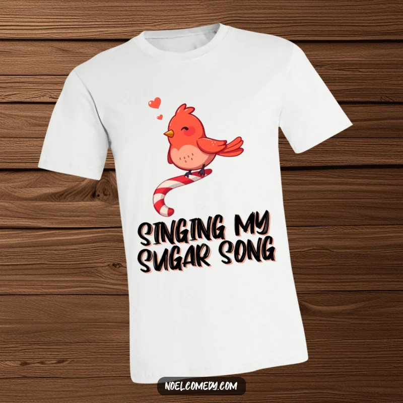 Funny Red Bird T-Shirt: A happy red bird serenades from a candy cane, spreading musical holiday vibes.
