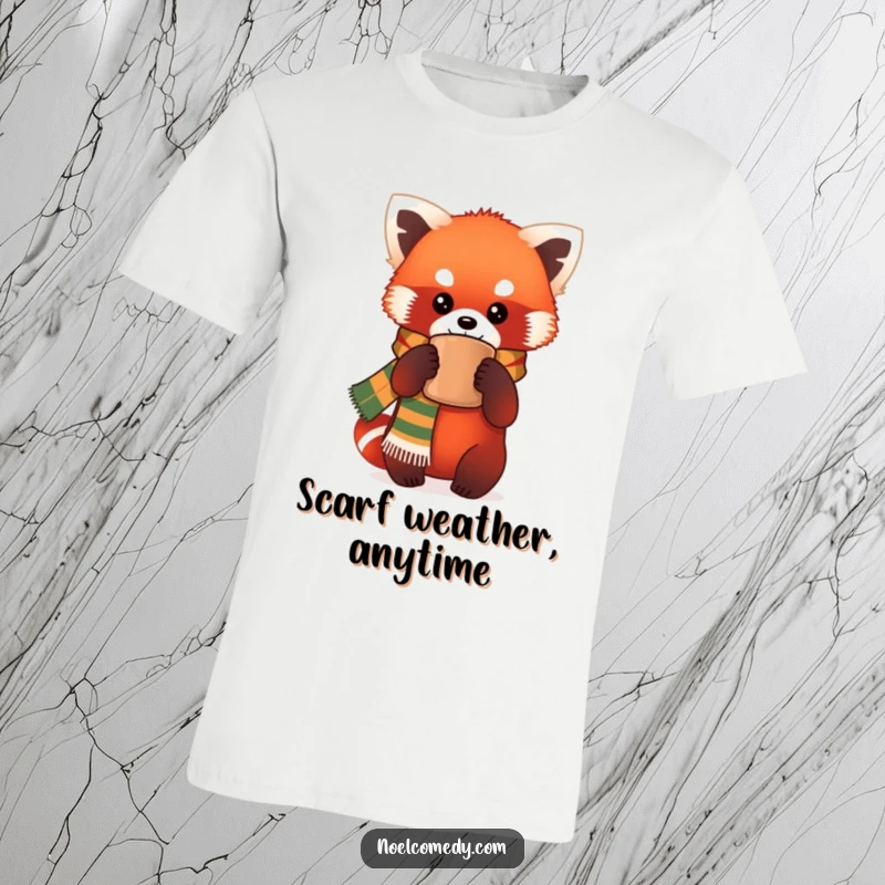 Funny T-Shirt: A red panda sporting a festive scarf joyfully clutches a warm mug, showcasing a delightful and humorous design.