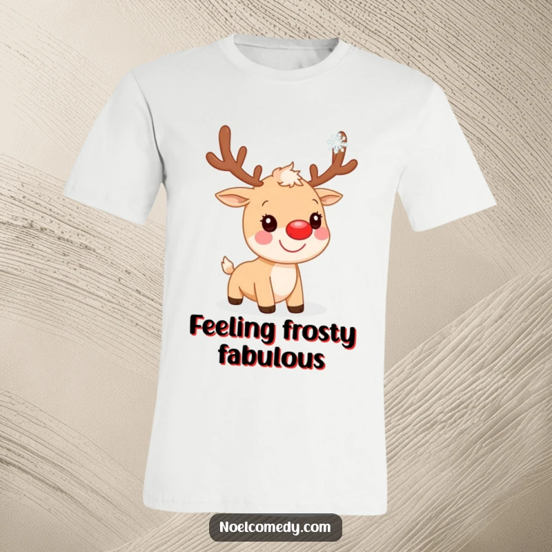 Funny T-Shirt: A cheerful reindeer with a prominent red nose, smiling as it catches a single falling snowflake.