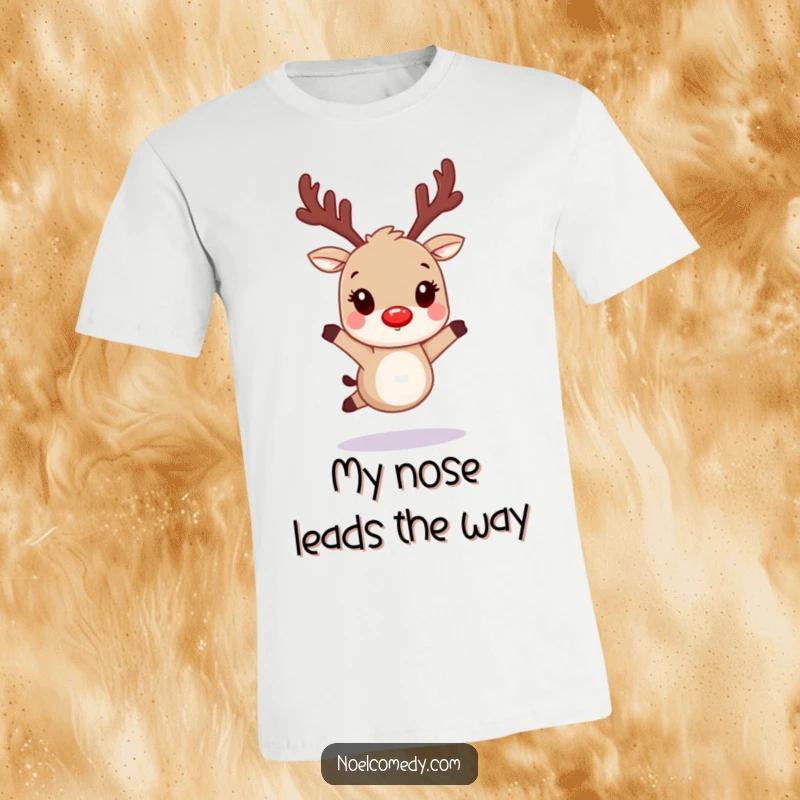 Funny t-shirt depicting a hopping reindeer character with glowing red nostrils, bringing holiday cheer and humor.
