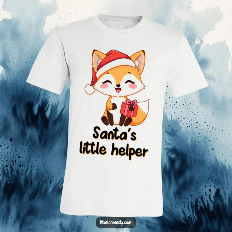 Funny t-shirt graphic of a happy fox wearing a Santa hat, joyfully holding a Christmas present, embodying festive spirit and fun.