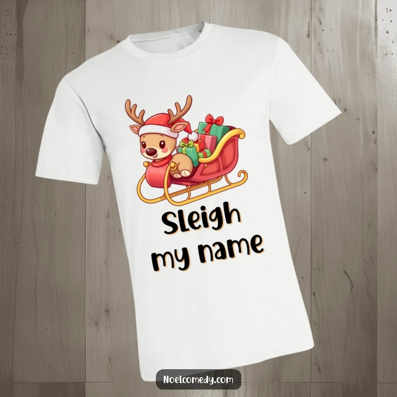 Funny t-shirt featuring a small reindeer wearing a Santa hat, pulling a heavily laden sleigh, perfect for holiday laughs.