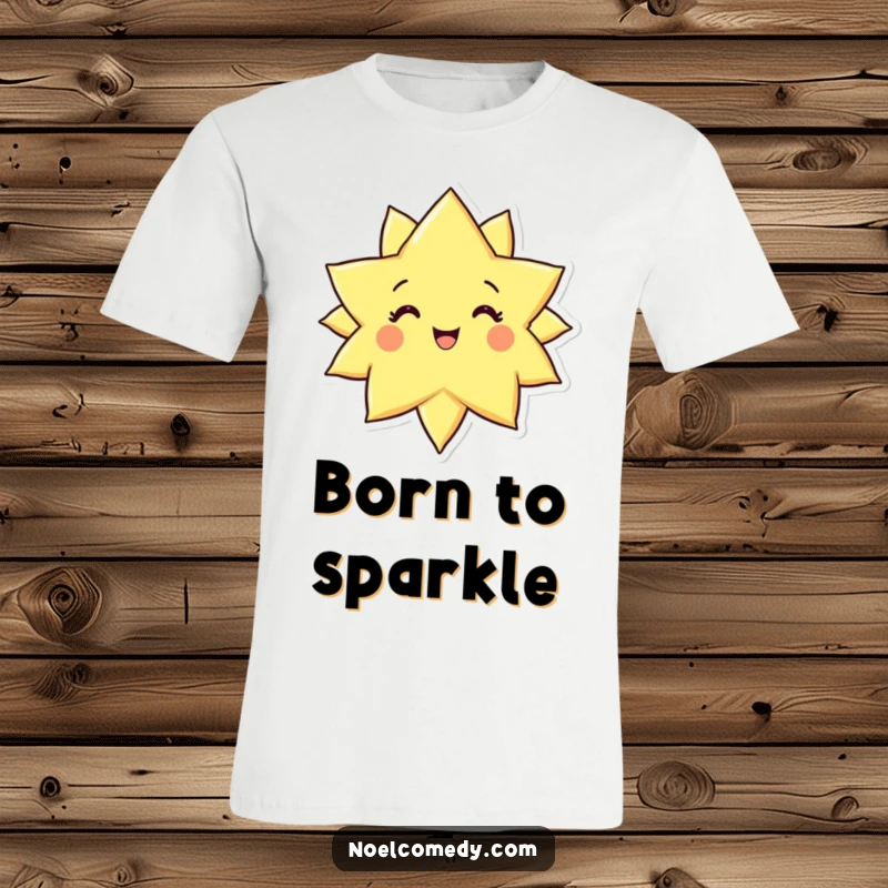 Funny t-shirt featuring a glowing, radiant star character with an incredibly joyful expression, spreading cosmic happiness.