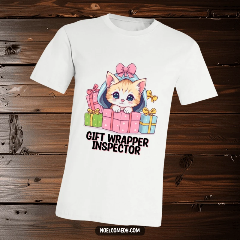 Funny T-Shirt with a playful kitten peeking from under a mound of wrapped Christmas gifts, embodying holiday joy.