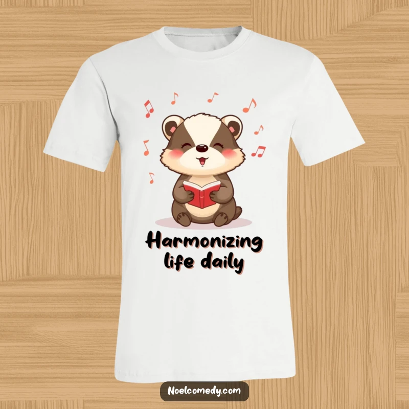 Funny t-shirt of a badger singing carols with musical notes flying around, perfect for music lovers.