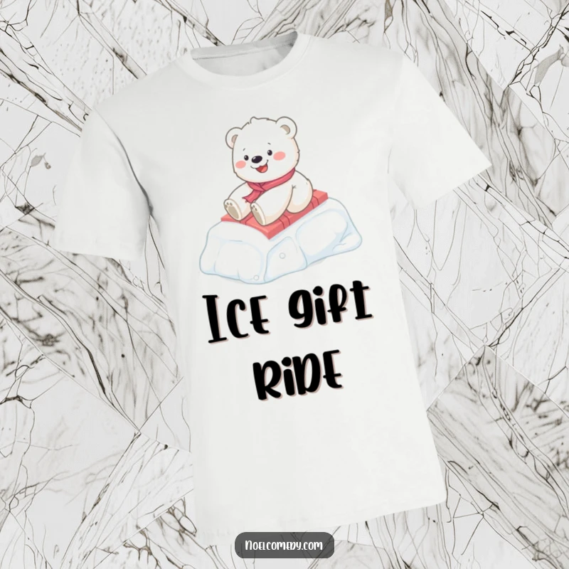 Funny Polar Bear Cub Cotton T-Shirt: A happy cub slides down a snowy hill on a gift, embodying winter fun, a great funny gift.