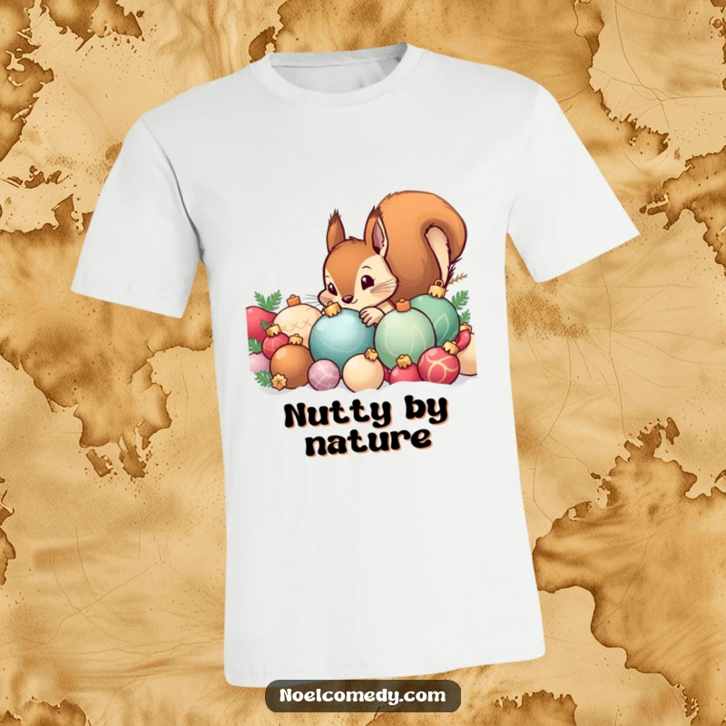 Funny t-shirt featuring a curious squirrel peeking from behind a pile of shiny Christmas ornaments, capturing a moment of holiday intrigue.