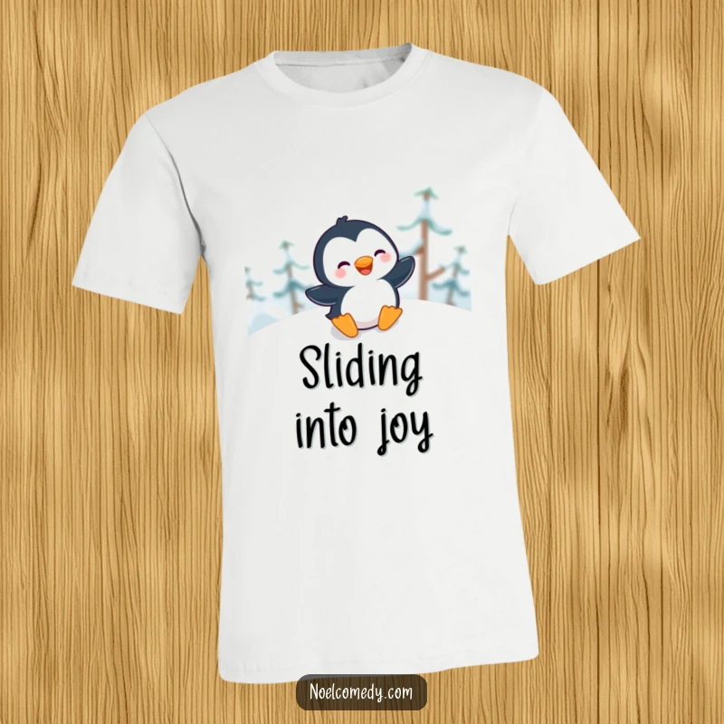 Funny T-Shirt depicting a giggling penguin gleefully sliding down a snow-covered hill, a picture of winter delight.