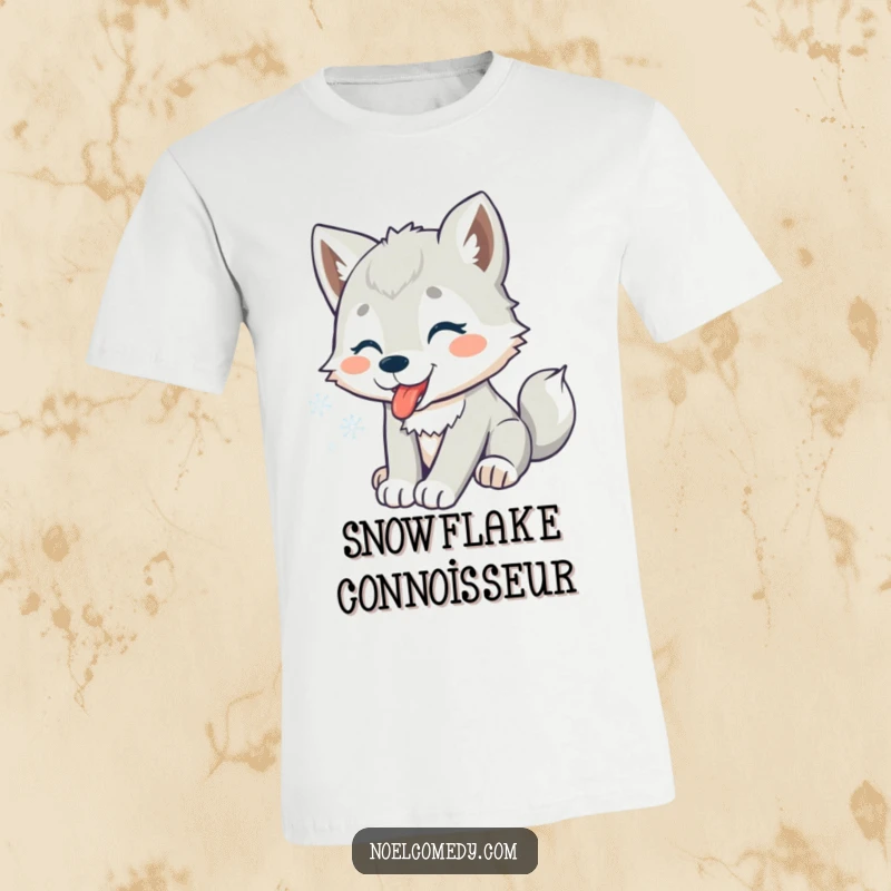 Funny t-shirt featuring a playful wolf pup with its tongue extended, catching snowflakes in a delightful winter scene.
