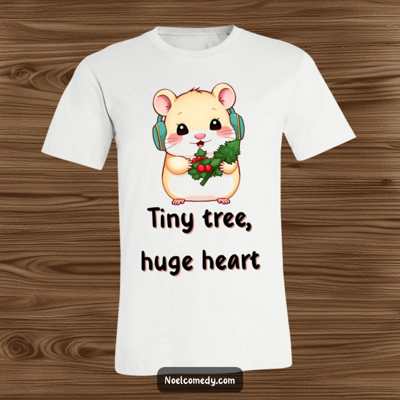 Funny t-shirt graphic of a cute hamster with earmuffs holding a mini decorated evergreen, perfect for winter.