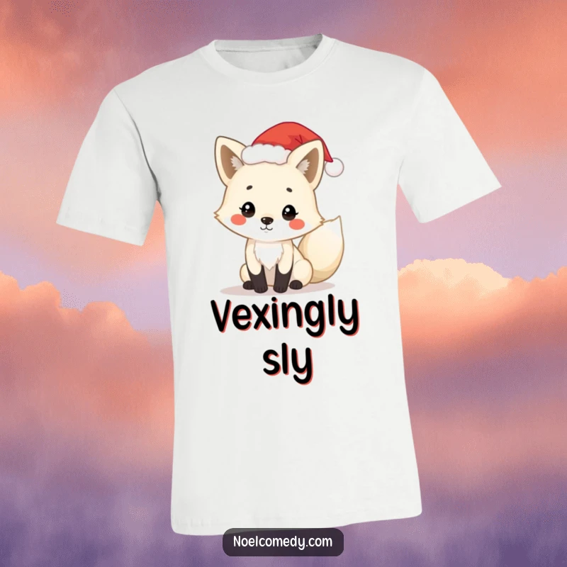 Funny arctic fox t-shirt with a playful fox wearing a tiny Santa hat, perfect for spreading holiday cheer and festive fun.