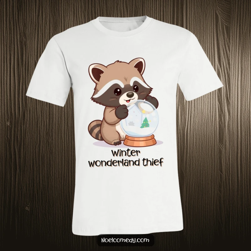 Funny t-shirt graphic of a raccoon in mittens shaking a snow globe with excitement, perfect for winter.