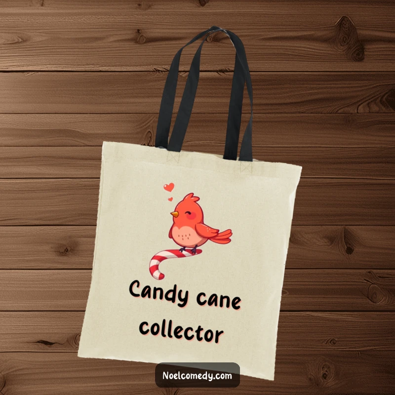Funny Red Bird Tote Bag: A joyful red bird sings on a candy cane, bringing musical holiday cheer everywhere.