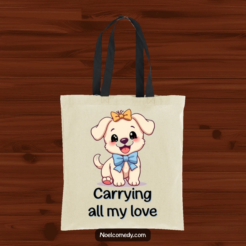Funny tote bag with a bouncing puppy wearing a festive bow and wagging its tail furiously, full of joy.