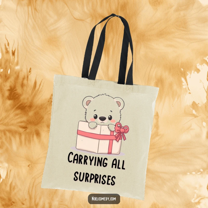 Funny Tote Bag: A curious polar bear cub's head peeking over a wrapped gift, designed for animal enthusiasts on the go.