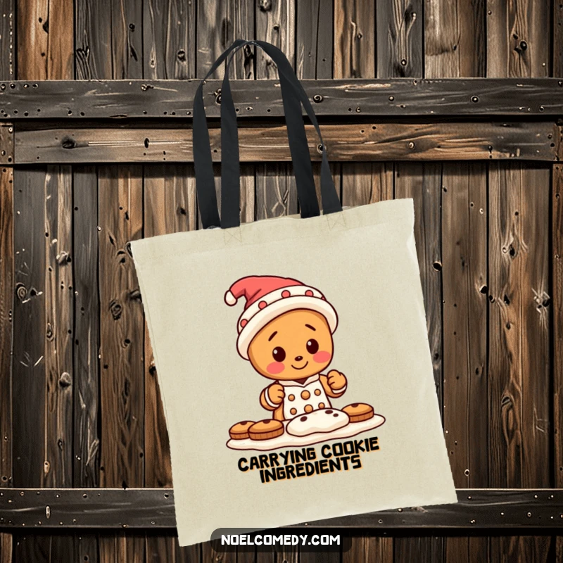 Funny tote bag showcasing a happy gingerbread man character wearing a silly hat, busy baking a tray of cookies.