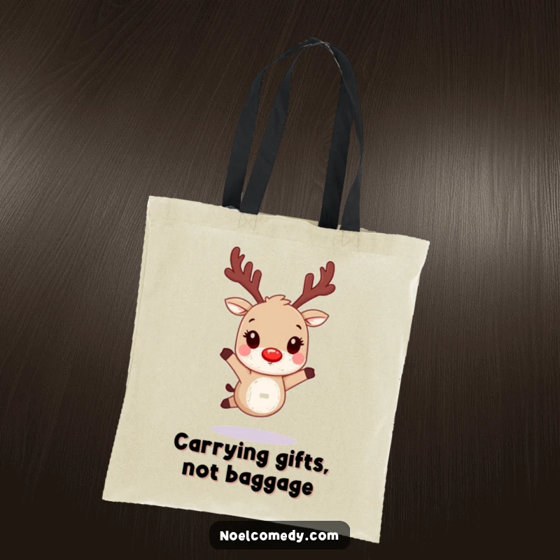Funny tote bag with a hopping reindeer character with glowing red nostrils, ideal for holiday shopping.