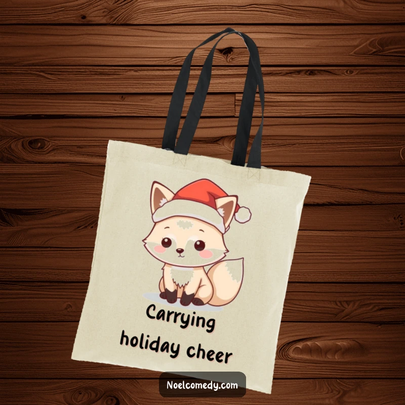 Funny tote bag with a playful arctic fox wearing a tiny Santa hat, perfect for holiday shopping and more.