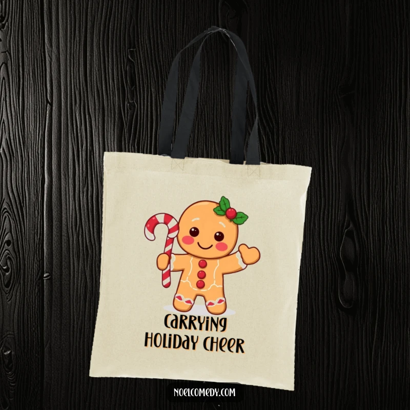 Funny gingerbread man tote bag featuring a festive character waving a candy cane, practical and cheerful for everyday use.