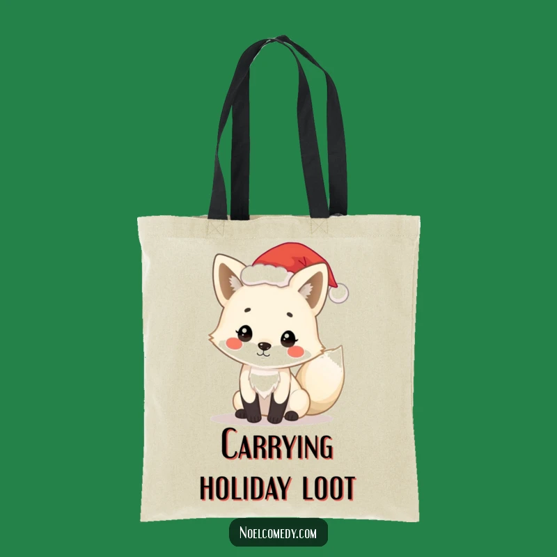 Funny Arctic Fox Tote Bag: Santa Hat Fox, Holiday Canvas Bag, Cute Funny Gift