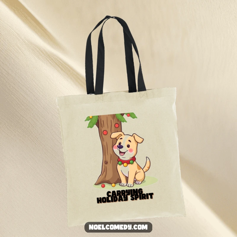 Funny tote bag with a cheerful dog in a festive collar wagging its tail near a holiday tree.
