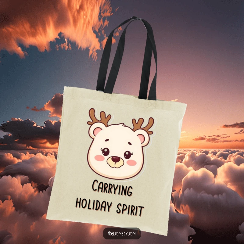 Funny tote bag with a smiling bear wearing a reindeer antler headband, perfect for carrying holiday items with cheer.