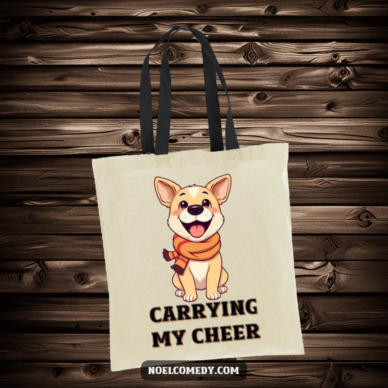 Funny Tote Bag: An excited dog wearing a festive scarf, perfect for carrying daily items with a dose of canine cheer.