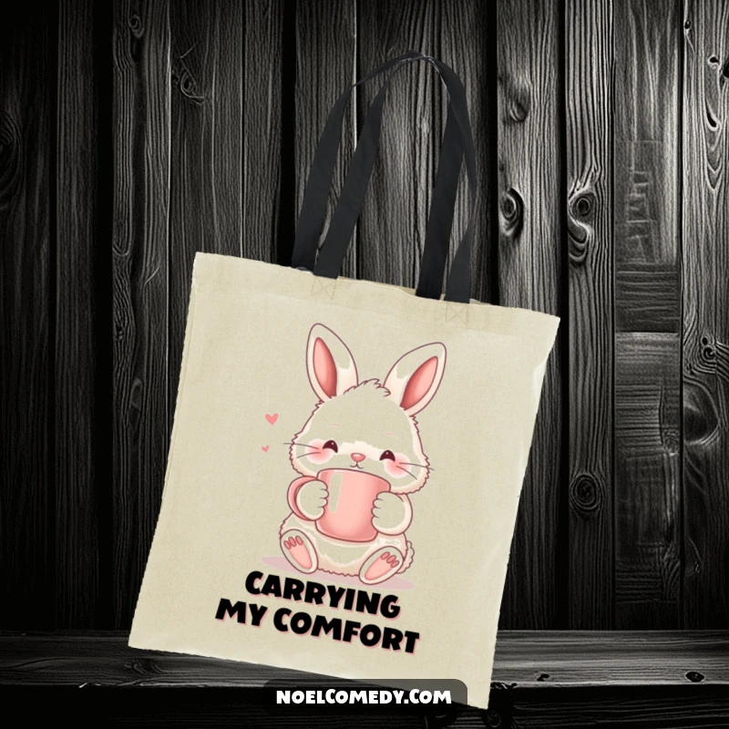 Funny Tote Bag: A fluffy bunny holding a warm mug, perfect for carrying daily items with cozy charm.
