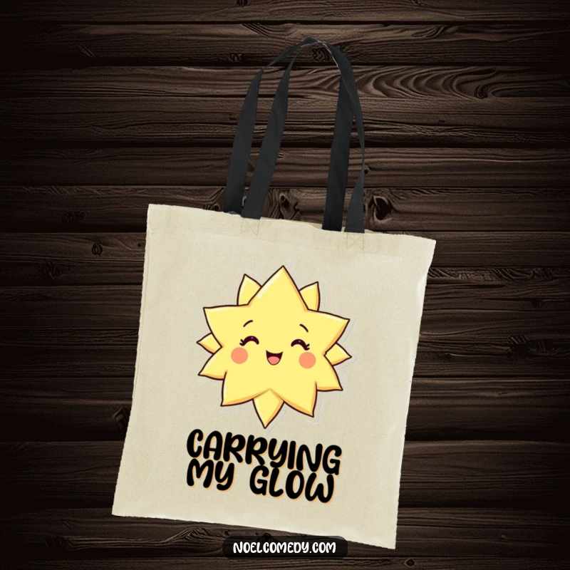 Funny tote bag featuring a glowing star character with a joyful expression, perfect for carrying daily necessities with a smile.