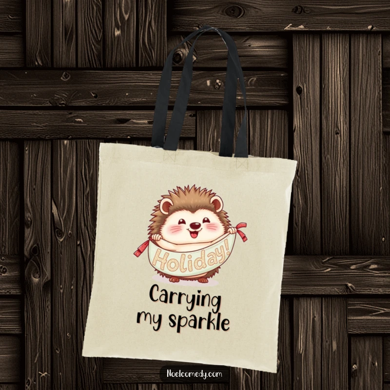 Funny Hedgehog Tote Bag: A delighted hedgehog unrolling a glittery banner, making this tote a festive and humorous accessory.