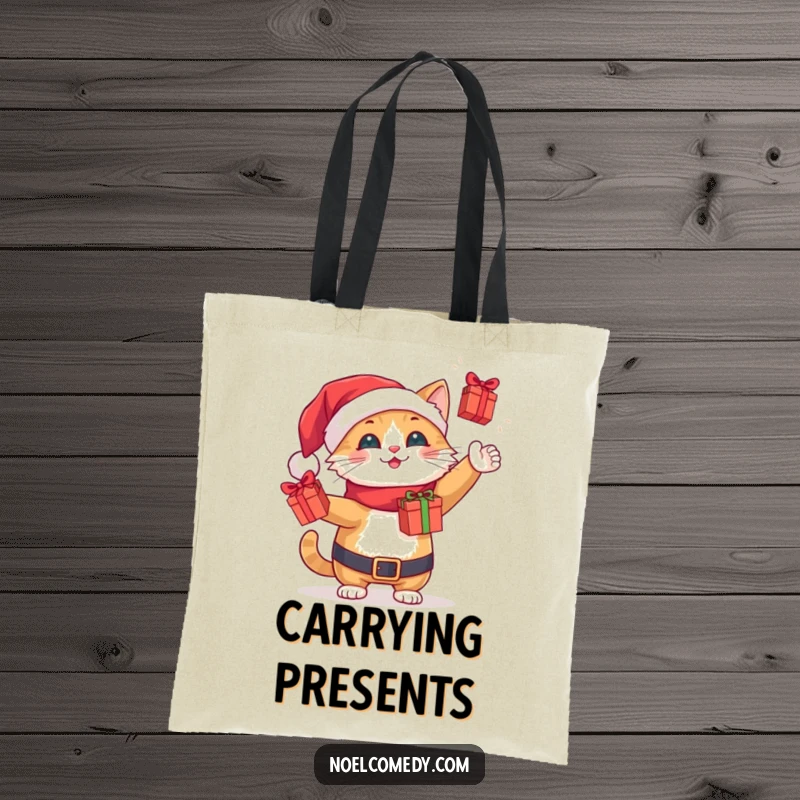 Funny cheerful Santa cat juggling tiny wrapped gift boxes, printed on a festive tote bag.