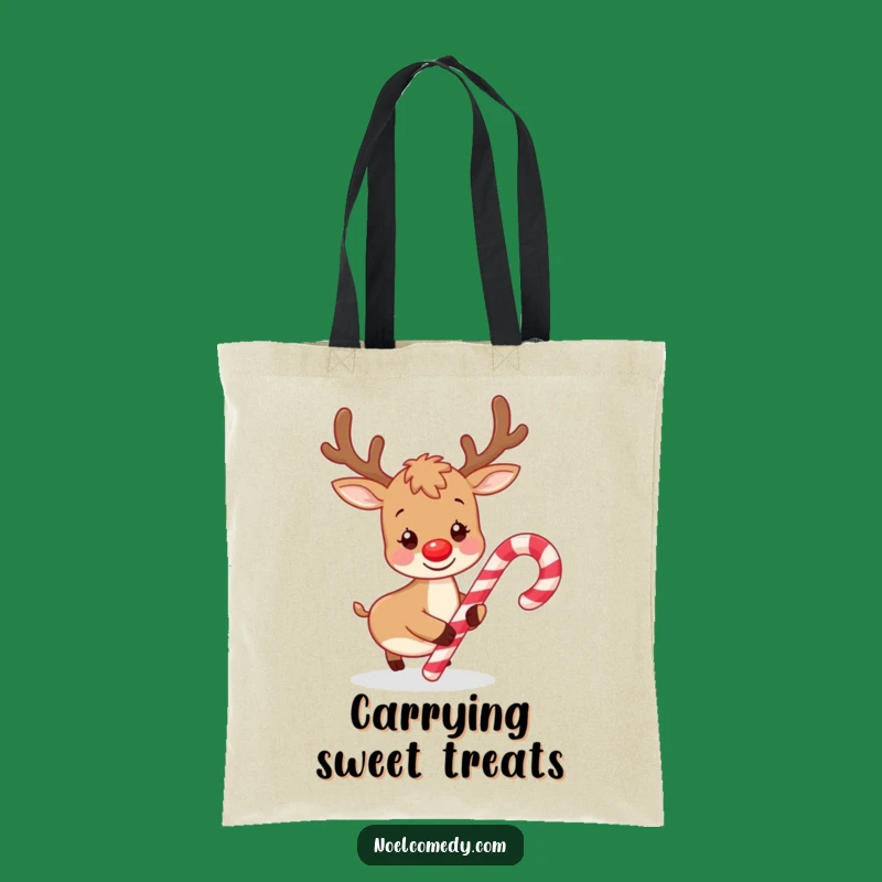 Funny Playful Reindeer Candy Cane Tote Bag: Carry Your Holiday Whimsy