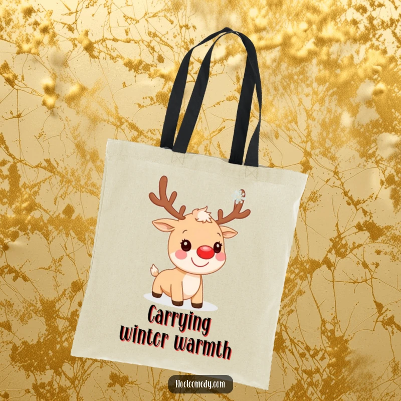 Funny Tote Bag: A smiling reindeer with a red nose, catching a delicate snowflake, perfect for holiday shoppers.