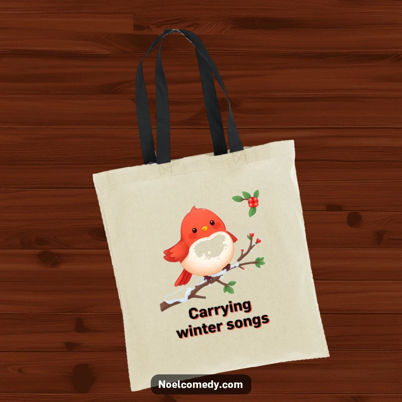 Cheerful Robin Tote Bag: A red robin perched on a snowy branch, a charming and practical bag for carrying winter necessities.