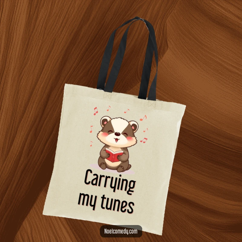 Funny tote bag with a badger singing carols and musical notes, perfect for music lovers.