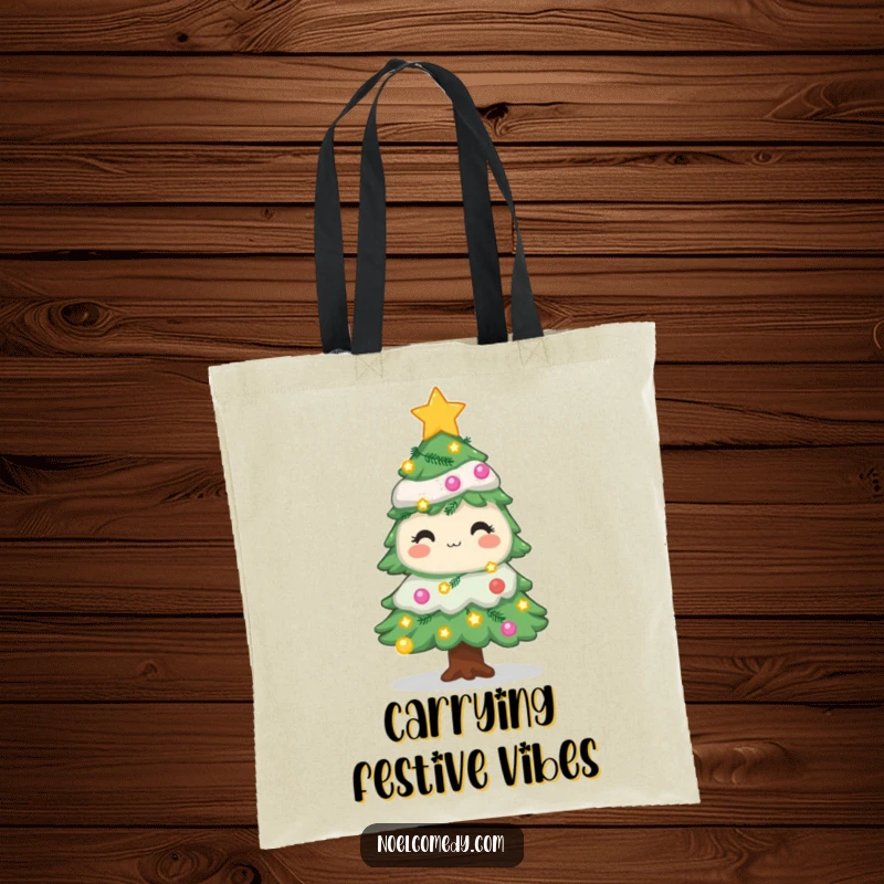 Funny holiday tree tote bag with twinkling lights and stars, a stylish and practical accessory for Christmas lovers.