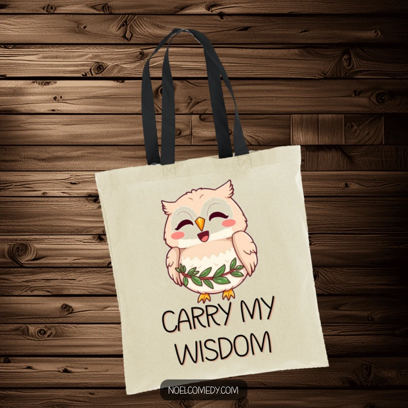 Funny tote bag showcasing a joyful owl with a wreath around its neck, hooting merrily, ideal for carrying wisdom and essentials.