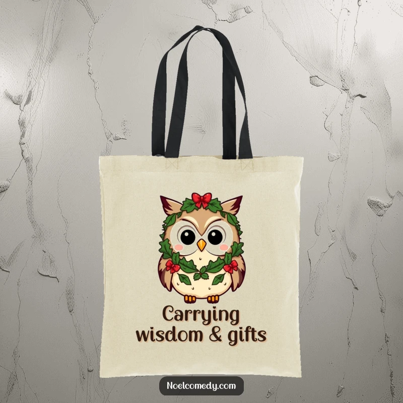 Funny owl tote bag with a curious character wearing a festive wreath, perfect for carrying books and holiday treats.