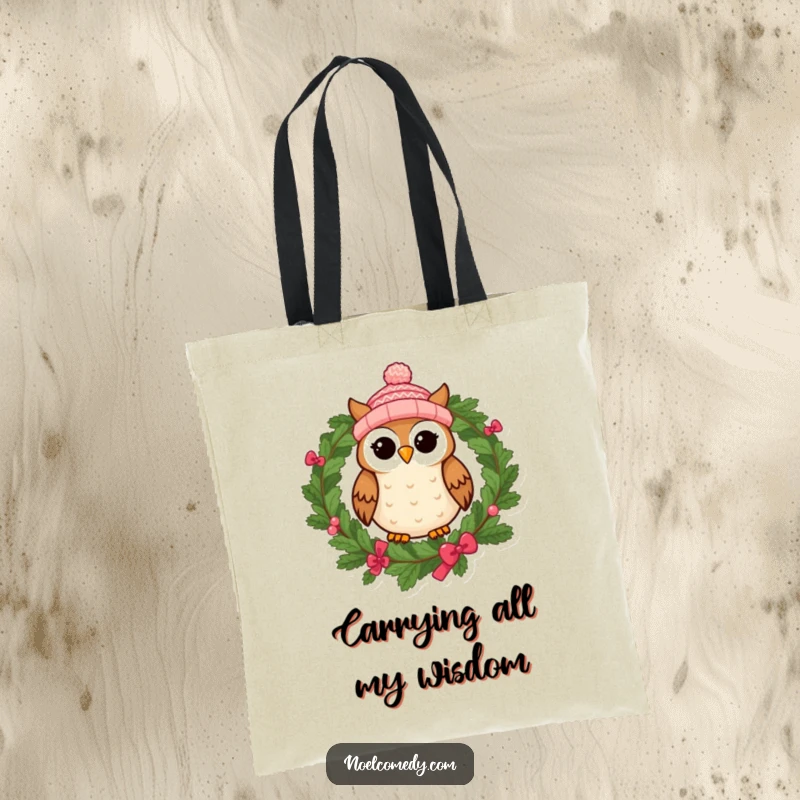 Funny tote bag featuring a cheerful owl in a knitted cap atop a festive wreath, perfect for shopping trips.