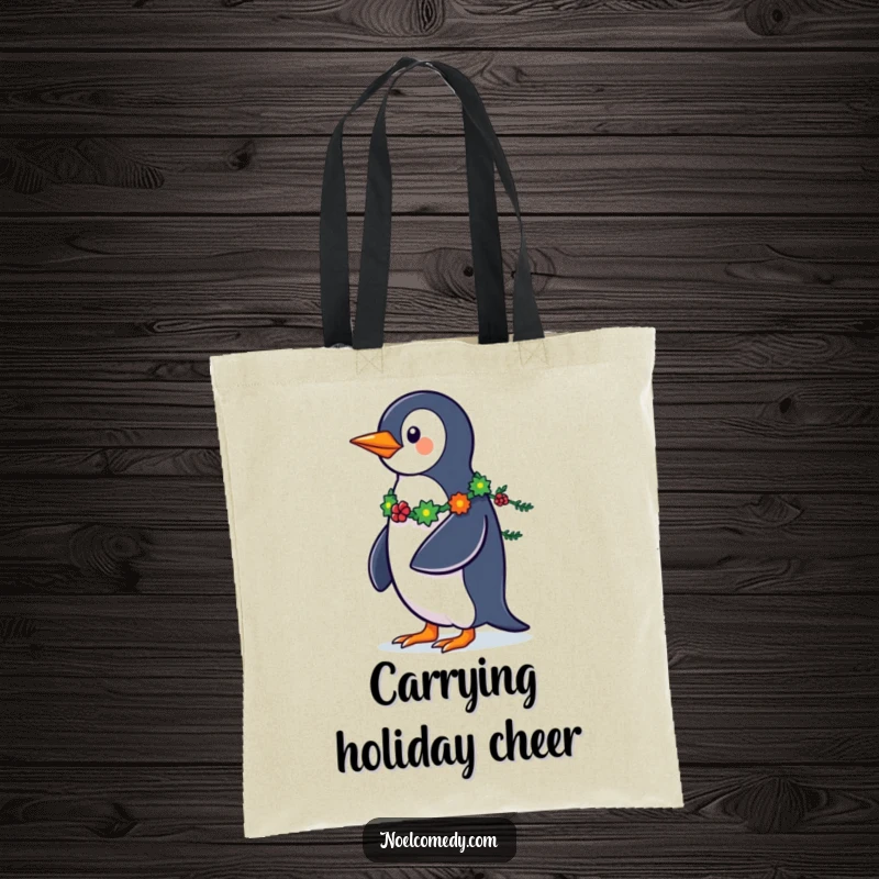 Funny Penguin Tote Bag: A strutting penguin proudly displaying a festive garland tail, making this tote a stylish accessory.